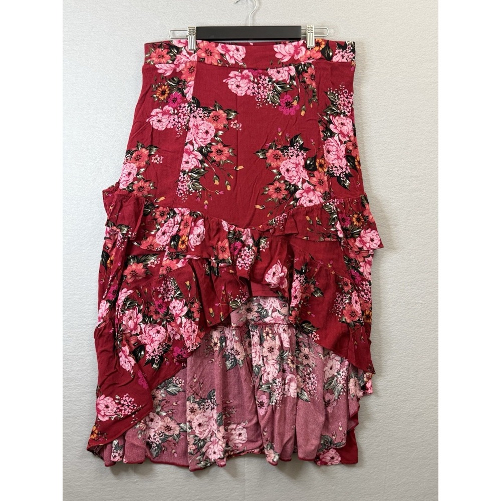 Torrid Womens High Low Floral Skirt Red Pink Plus Ruffle Spring Summer  Size 1